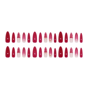 3D rose red ice flower press-on nails set with gold beads in long almond shape
