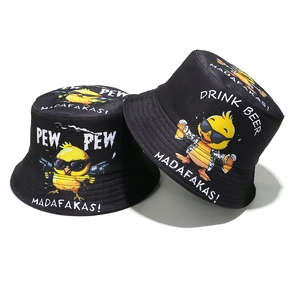 Black cotton bucket hat with funny cartoon yellow duck print and humorous slogans