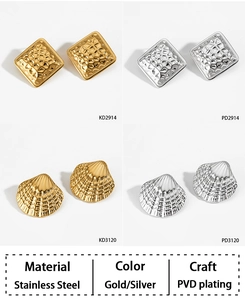 Macro detail of textured stainless steel earrings with square PVD gold and silver finishes