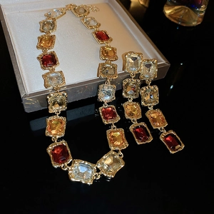 Vintage Square Rhinestone Choker Necklace Earrings Silver Earring Post Alloy Colorful Crystal Luxury Palace Style Women