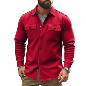 Close-up of red casual jacket featuring double chest pockets and black buttons