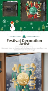 Detail of gold and green Merry Christmas window stickers with festive holiday ornaments