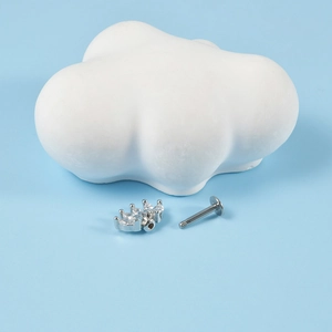 Silver crown stud earring with white zircon inlay on a light blue decorative background