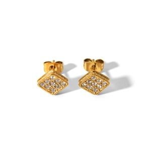 Close-up of geometric rhombus stud earrings in 18K gold finish with sparkling crystals