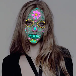 Luminous Day of the Dead face tattoo stickers with neon sugar skull floral designs