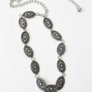 Bohemian silver metal waist chain with vintage oval sunburst turquoise pattern charms