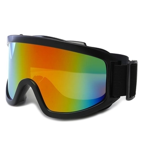 Outdoor skiing goggles with black frame and colorful mirrored lenses for wind protection
