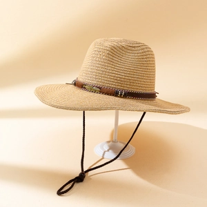 Chapeau de cowboy en paille vintage avec pendentif plume et perles pour protection solaire