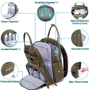 Detail view of large capacity diaper bag showing insulated pockets and diaper organizer