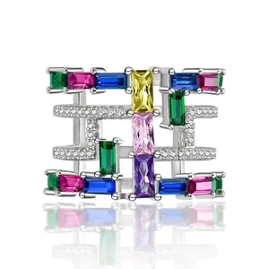 Luxury 925 Sterling Silver Colorful Zirconia Ring For Women Multi-layer Geometric Wide Band Hollow Inlaid Finger Ring Jewelry