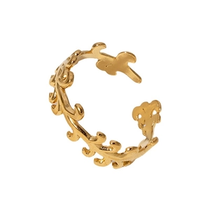 Minimalist 18K gold plated leaf-shaped stainless steel open ring with adjustable band