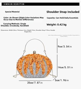 Detail view of pumpkin evening bag with orange rhinestones and silver sequins