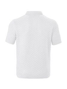 Close-up of the white men's polo shirt featuring a detailed herringbone jacquard texture
