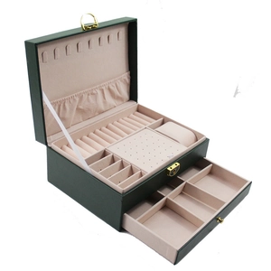 Two-layer dark green leather jewelry box with locks and pink velvet interior organizer