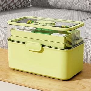 Three-layer green family first aid kit with transparent lid for home medical storage
