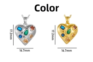 Detail of colorful heart pendant necklaces in gold and silver showing 17mm dimensions
