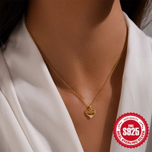 S925 sterling silver gold heart MOM necklace with crystals on female model