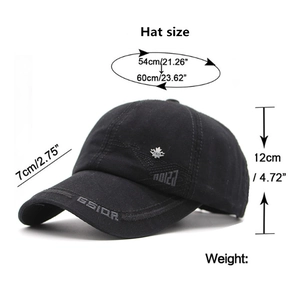 Black cotton baseball cap with maple leaf badge and adjustable strap for outdoor sun protection