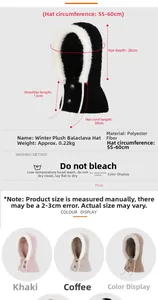 Detailed size chart for winter plush balaclava hat with measurements and washing instructions