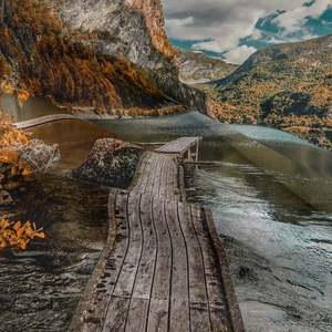 Bohemian landscape tapestry with glitched mountain and lake view for room decor