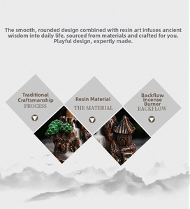 Detail of zen mountain landscape backflow incense burner with resin pine trees and pavilion