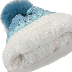 Detailed view of winter knit beanie showing colorful yarn and thick warm fleece lining