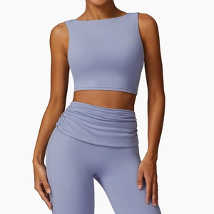Women's shockproof yoga set with high-waist pleated leggings and purple crop top