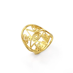 Golden titanium steel open ring featuring hollow Celtic knots and geometric star patterns