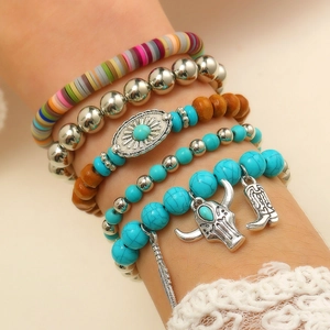 Bohemian Multi Layer Beaded Bracelets Turquoise Wood Alloy Charms Braided Leather Cord Ethnic Jewelry Men Women