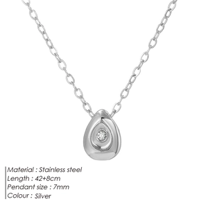 Minimalist silver stainless steel necklace featuring a teardrop pendant with zircon