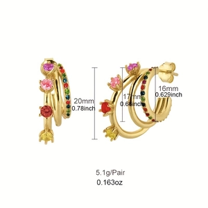 Detailed view of triple-layered gold earrings with colorful zircons and size specifications