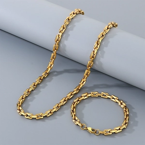 Minimalist gold stainless steel interlocking link necklace and bracelet jewelry set