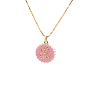18K gold plated necklace with a pink enamel bottle cap pendant featuring Be Free text