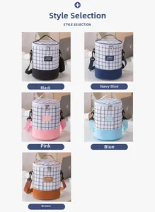 Cylindrical insulated lunch bag detail showing various colors and adjustable shoulder straps