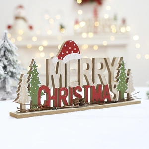 Wooden Merry Christmas tabletop sign with red hat, green trees and pine cones