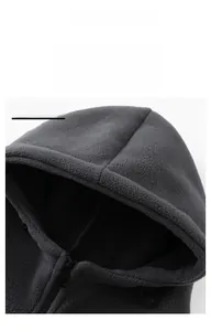 Detail view of high-quality grey polar fleece collar with zipper and adjustable drawstring