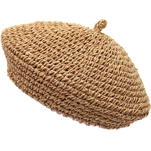 Handmade Straw Beret Hat Women Breathable Crochet Retro Painter Cap Summer Sun Shade Beach Vacation Fashion Accessory