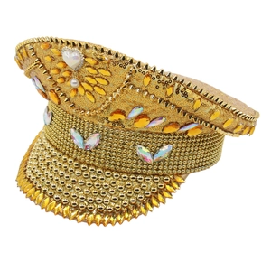 Handcrafted Gold Sequin Captain Hat Rhinestone Sparkling Stage Hat Heart Pearl Military Hat For Women Wedding Party Performance