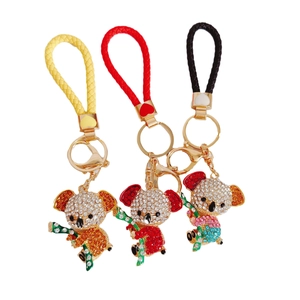 Three cute rhinestone koala keychains with colorful woven leather straps and gold plating