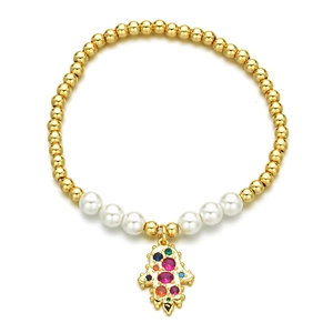 Fashion Copper Gold Beaded Bracelet With White Imitation Artificial Pearl Zirconia Heart Hamsa Hand Charm Elastic Jewelry For Women
