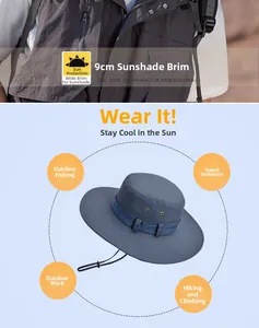Detail of navy blue outdoor sun hat featuring a 9cm wide brim and adjustable chin strap