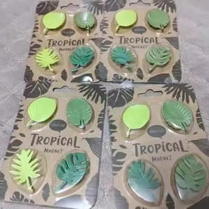 Set of 4 tropical leaf fridge magnets in light and dark green on creative card packaging