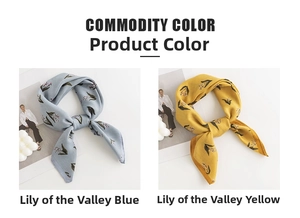 Detail of floral silk scarf in lily of the valley print with blue and yellow color options