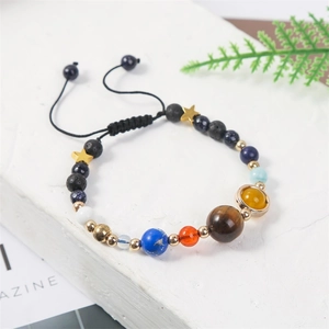 Solar system galaxy bracelet with natural stones and adjustable braided rope cord