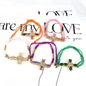 Colorful adjustable woven rope cross bracelets with luxury cubic zirconia inlay