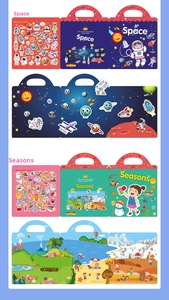 Reusable educational sticker books featuring vibrant Space and Seasons theme scenes