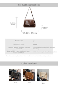Detailed spec chart of the vintage chain tote bag showing dimensions and colors