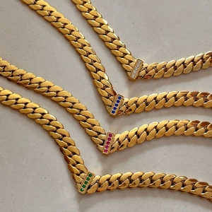 Vintage Cuban Link Necklace 18K Gold Plated Stainless Steel With Micro Inlaid Colorful Zircon For Women Jewelry