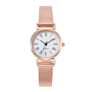 Elegant rose gold women's quartz watch with mesh strap and white Roman dial