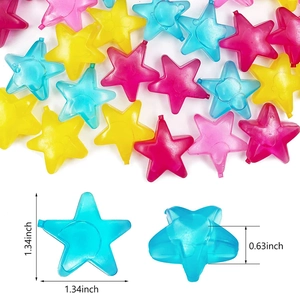 Star-shaped reusable plastic ice cubes in pink, blue, and yellow with size specifications